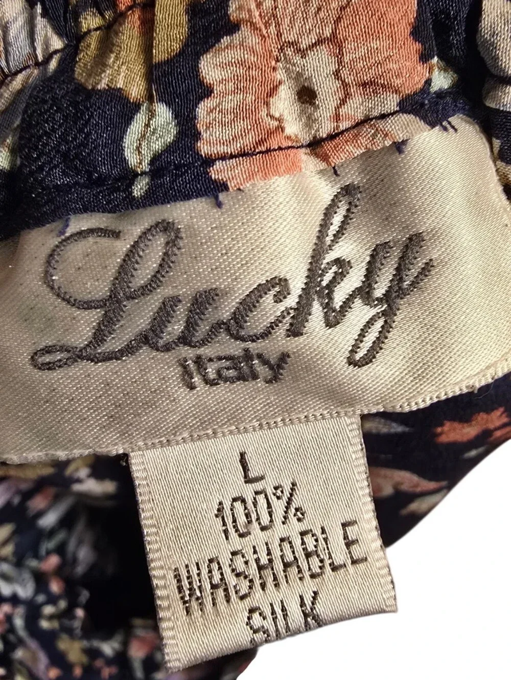Vintage Lucky Italy Vintage Floral Button Front Pleated Silk Midi Skirt Navy L